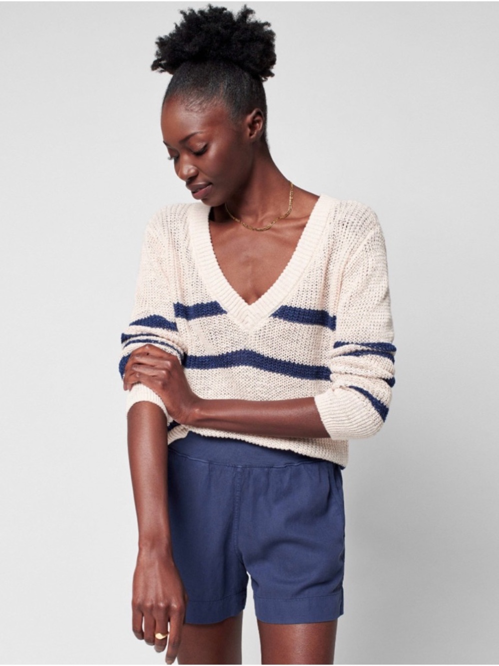 Faherty Linen V-Neck Sweater Wharf Stripe